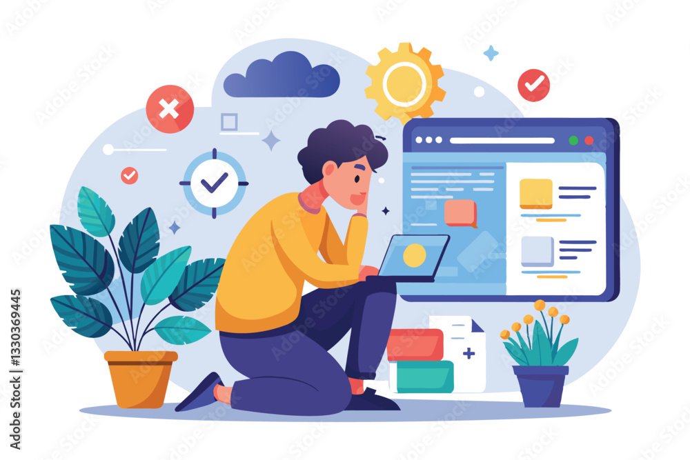 A person kneels with a laptop, focused on solving network issues in a bright, organized workspace, troubleshooting network problems on website pages A person kneels with a laptop, focused on solving network issues in a bright, organized workspace, troubleshooting network problems on website pages