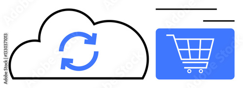 Cloud icon with sync arrows next to a shopping cart, representing online shopping, data syncing, and e-commerce management. Ideal for retail, marketing, technology, business growth, automation
