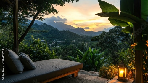 Serene Sunset View from a Cozy Outdoor Lounge Chair in Nature