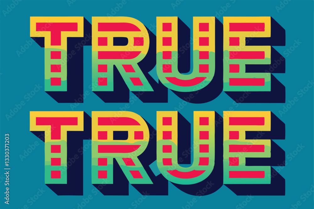 Vibrant typography displays the word true in a playful 3D design with bright colors and shadows, People ride paper airplane to the target, the road to achieving the target Vibrant typography displays the word true in a playful 3D design with bright colors and shadows, People ride paper airplane to the target, the road to achieving the target