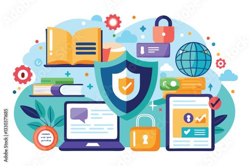 This illustration features online safety elements like books, locks, and devices for trustworthy information, Trusted Resources and Online safety, reliable sources to education,