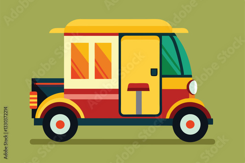 A vibrant tuk tuk rickshaw parked, showcasing its distinctive design and bright colors in daylight, Tuk Tuk, rickshaw icon