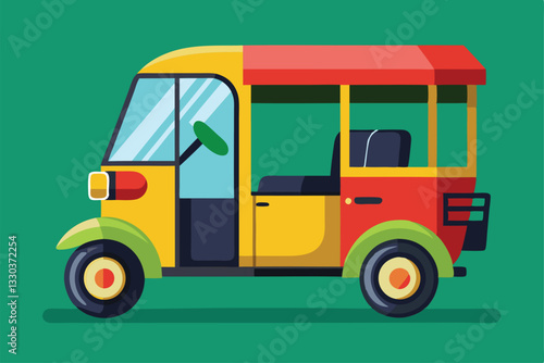A vibrant tuk tuk rickshaw design featuring bright colors and simple shapes suitable for transport graphics, Tuk Tuk, rickshaw icon