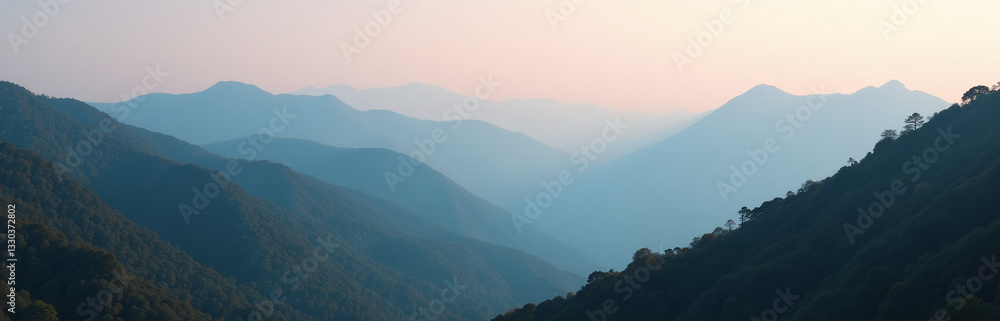 A Serene Misty Mountain Landscape Is Captured In An Image Taken During The Quiet Early Hours Of The Day. A Serene Misty Mountain Landscape Is Captured In An Image Taken During The Quiet Early Hours Of The Day.