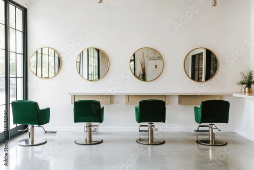 Modern minimalist hair salon interior with emerald green chairs and gold mirrors.