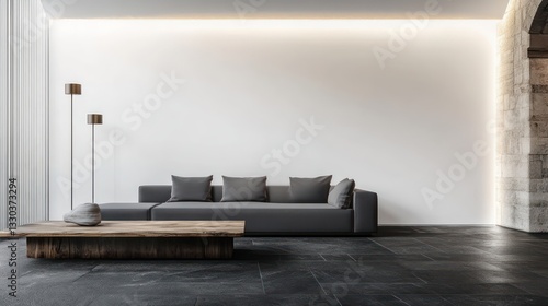 A sleek modern living room with a charcoal grey sofa and a rustic oak coffee table