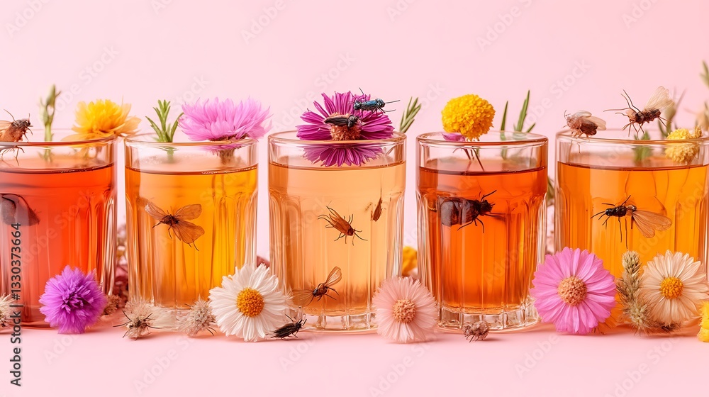 Five glasses of colored drinks with insects and flowers present Five glasses of colored drinks with insects and flowers present