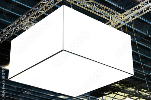 Hanging white empty indoor billboard in the exhibition hall. Fairground, market place, festival advertising. Company logo presentation.