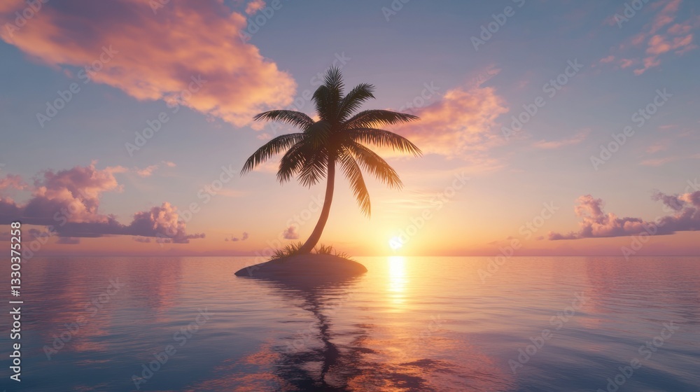 Serene Sunrise Over Isolated Palm Tree in Tranquil Ocean Setting Serene Sunrise Over Isolated Palm Tree in Tranquil Ocean Setting