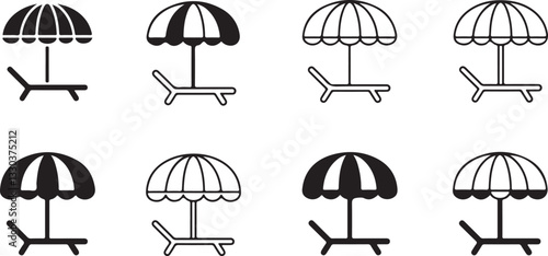 sun umbrella and sunbed icon set. vacation and sea beach symbols. isolated vector images for tourism design
