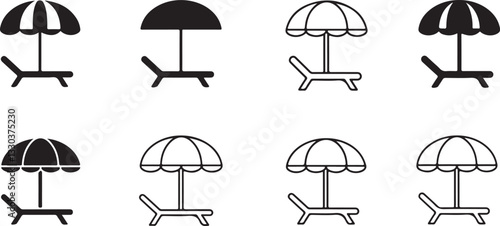 sun umbrella and sunbed icon set. vacation and sea beach symbols. isolated vector images for tourism design
