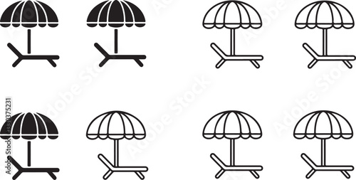 sun umbrella and sunbed icon set. vacation and sea beach symbols. isolated vector images for tourism design
