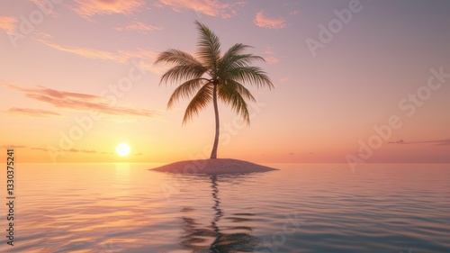 Serene Sunset Over Tranquil Tropical Island with Lone Palm Tree