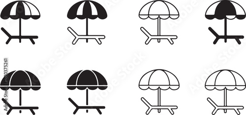 sun umbrella and sunbed icon set. vacation and sea beach symbols. isolated vector images for tourism design

