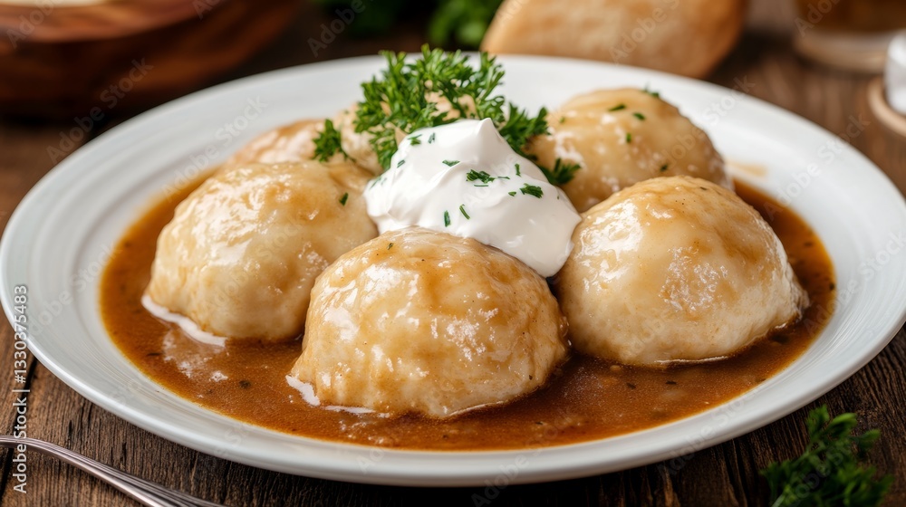 Delicious Czech bread dumplings served with rich goulash sauce and sour cream in a cozy Eastern European setting Delicious Czech bread dumplings served with rich goulash sauce and sour cream in a cozy Eastern European setting