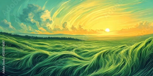 A Vibrant Green Field Underneath a Bright Yellow Sky at Dawn
