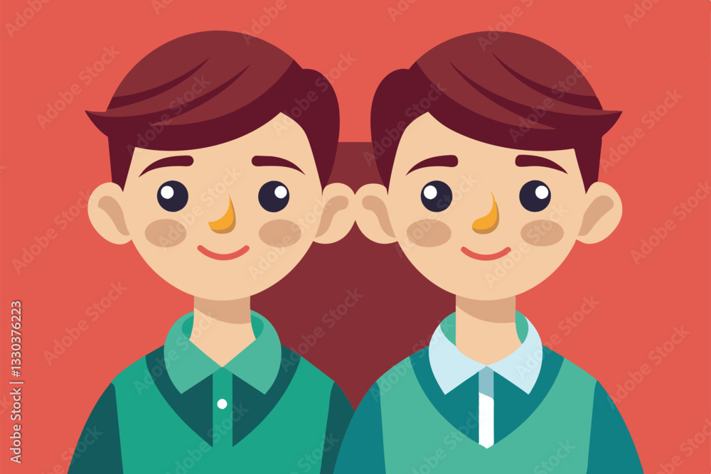 Two cartoon twins with friendly faces and stylish outfits display a customizable semi-flat design on a bright backdrop, Twins Customizable Semi Flat Illustration Two cartoon twins with friendly faces and stylish outfits display a customizable semi-flat design on a bright backdrop, Twins Customizable Semi Flat Illustration