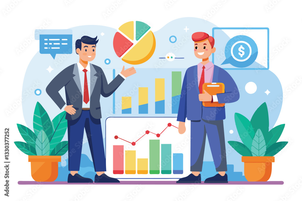 Two businessmen engage in a discussion about financial success using charts and graphics in an office, businessman with successful financial operations diagram Two businessmen engage in a discussion about financial success using charts and graphics in an office, businessman with successful financial operations diagram