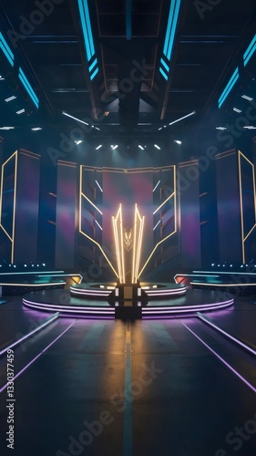 Grand esports stage with a glowing golden trophy at the center – Perfect for competitive gaming promotions, tournament branding, or cyberpunk visuals.