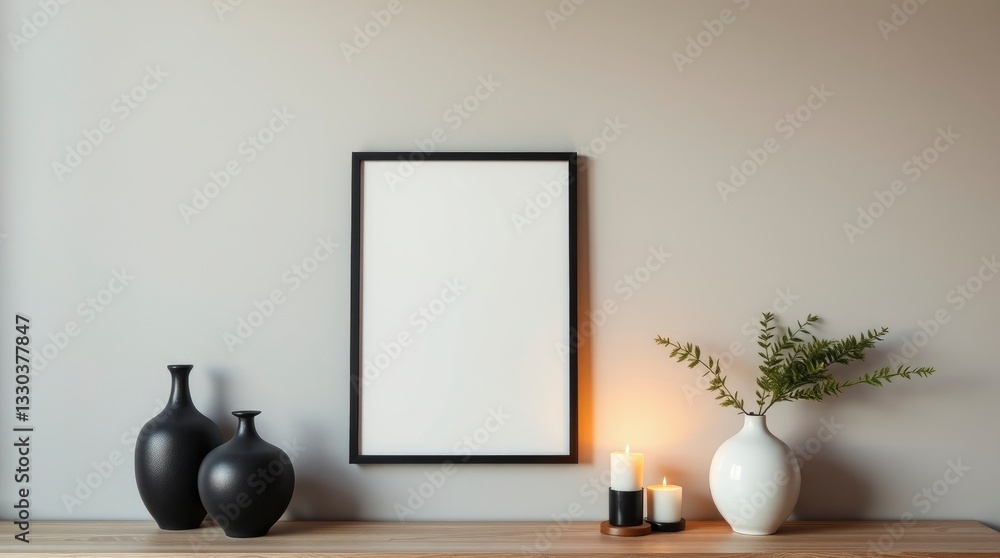 Frame Mockup with Vases and Candles on Wooden Table Against Wall