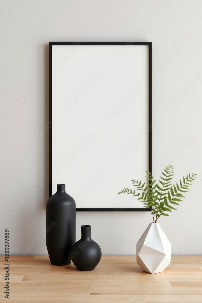 Blank Frame Mockup with Vases and Plant on Wooden Surface Blank Frame Mockup with Vases and Plant on Wooden Surface
