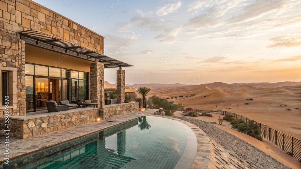 Fototapeta premium Luxury Desert Villa with Infinity Pool and Sand Dune Views - Arid Landscape Retreat
