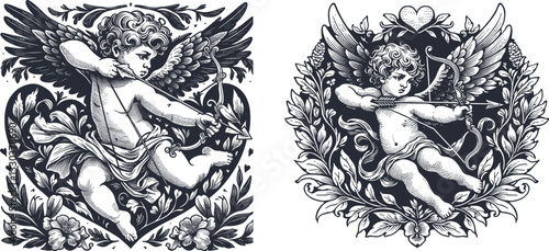 set of Cupid, the winged cherub, drawing his bow with a heart-tipped arrow with  surrounded vector illustration, engraving sketch ink poster black illustration etching style tattoo, Woodcut 