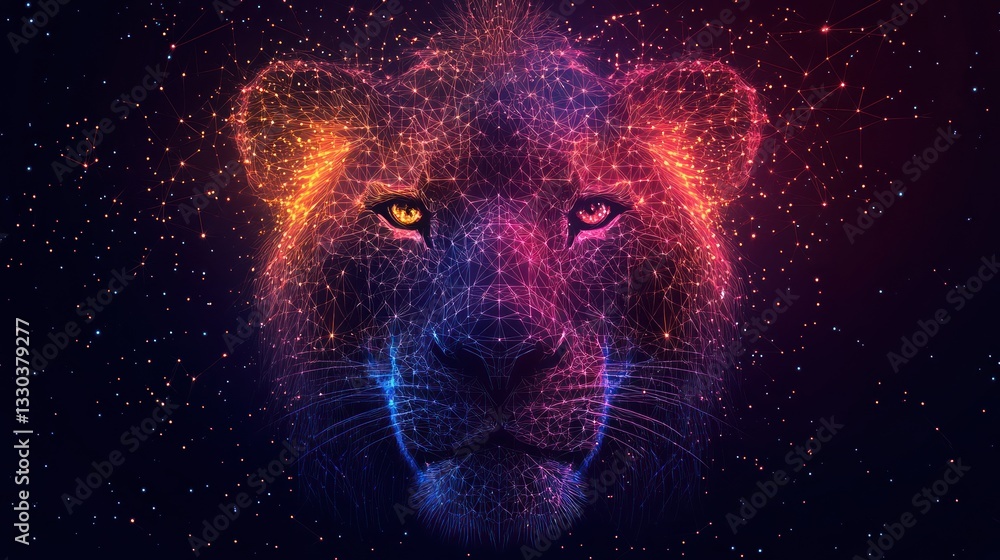Naklejka premium Abstract lion head, digital art, futuristic, cosmic background