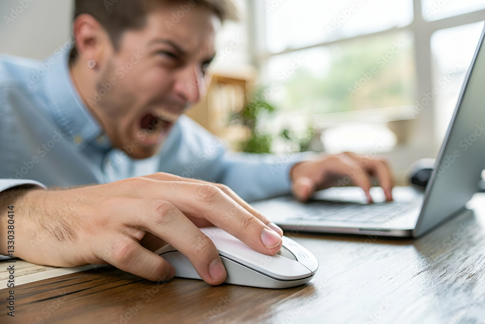 Frustrated man yelling at computer while gripping mouse in a tense home office environment, showcasing modern technology and emotional stress during work