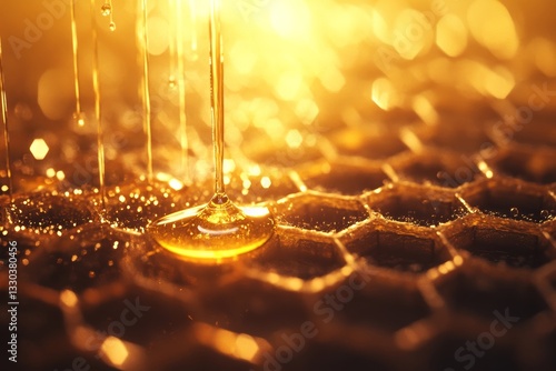 Golden Honey Pouring onto Honeycomb