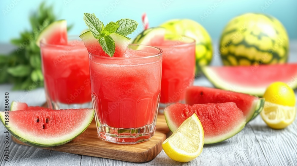 Watermelon drinks, fresh mint, lemon slices, summer refreshment, juicy fruits, vibrant colors at a sunny outdoor setting Watermelon drinks, fresh mint, lemon slices, summer refreshment, juicy fruits, vibrant colors at a sunny outdoor setting