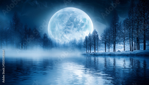  Ethereal Night Landscape with Luminous Full Moon and Starry Sky Reflecting in Misty Lake Surrounded by Silhouette Pine Forest - Magical Fantasy Background