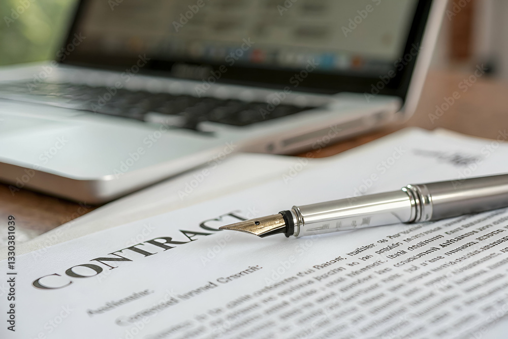 Close-Up View of a Formal Contract Document with a Fountain Pen on a Wooden Table Next to a Laptop in a Professional Office Setting Close-Up View of a Formal Contract Document with a Fountain Pen on a Wooden Table Next to a Laptop in a Professional Office Setting