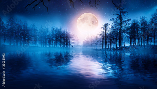  Ethereal Night Landscape with Luminous Full Moon and Starry Sky Reflecting in Misty Lake Surrounded by Silhouette Pine Forest - Magical Fantasy Background