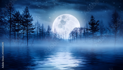  Ethereal Night Landscape with Luminous Full Moon and Starry Sky Reflecting in Misty Lake Surrounded by Silhouette Pine Forest - Magical Fantasy Background