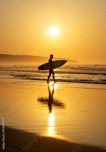 Dynamic and ultra-realistic AI-generated surf scene featuring a surfer riding a powerful wave, ocean spray, golden sunlight, and cinematic motion – high-quality action shot.
