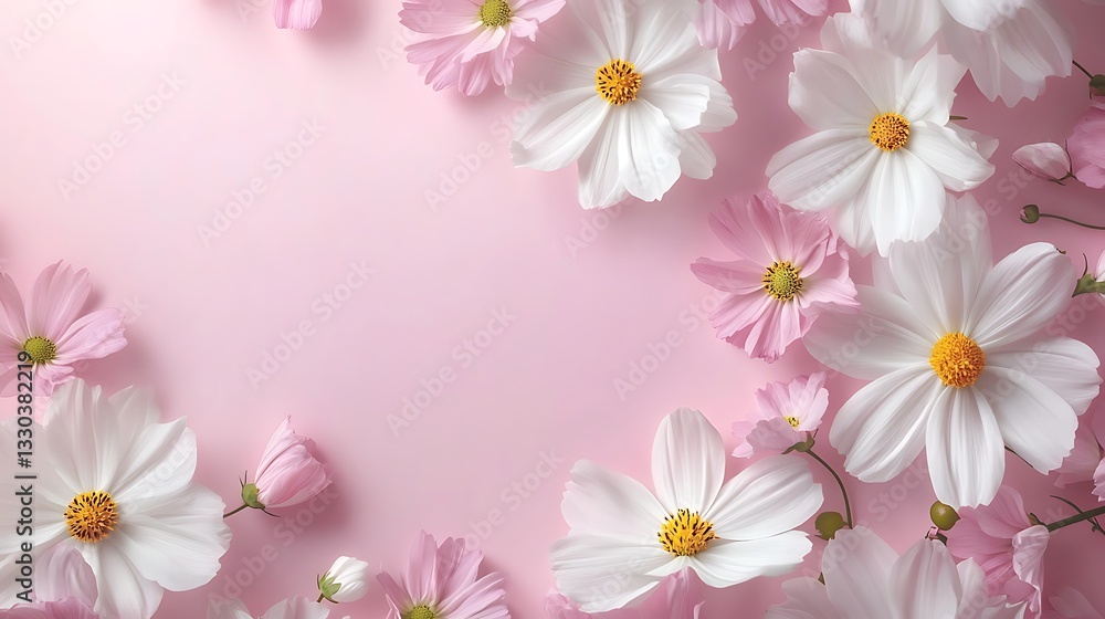 Elegant White Flowers on Pink Background, A row of elegant white flowers with green stems arranged on a soft pink background Elegant White Flowers on Pink Background, A row of elegant white flowers with green stems arranged on a soft pink background