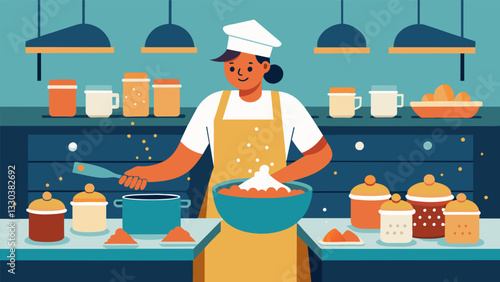 The kitchen was bustling with activity as multiple batches of salte as were prepared each one as delicious and flavorful as the last.. Vector illustration