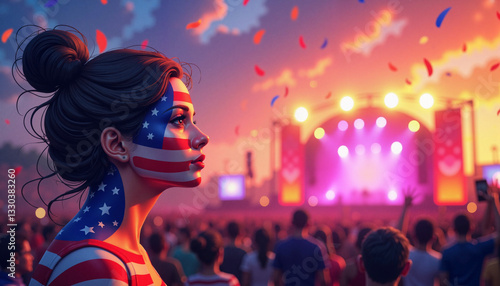 Patriotic woman enjoying music festival in colorful atmosphere, Independence Day