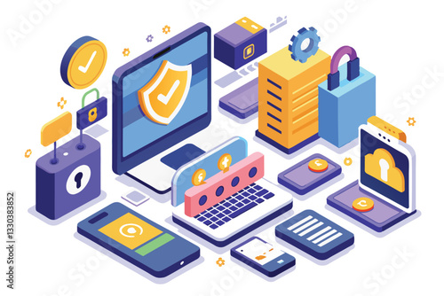 The illustration displays digital security tools for customizable two-factor authentication in a modern context, Two factor authentication Customizable Isometric Illustration