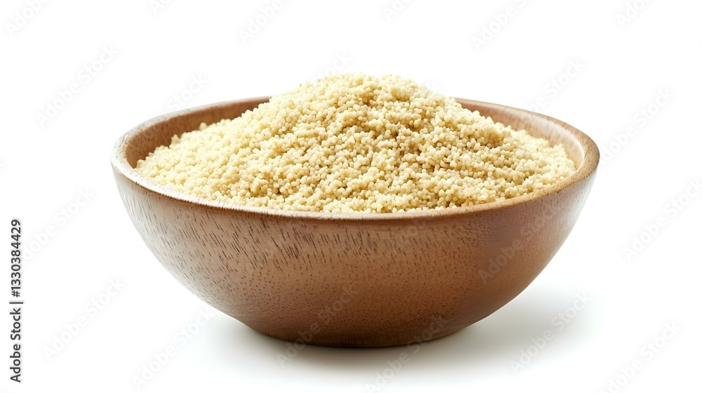 Bowl with tasty couscous on white background