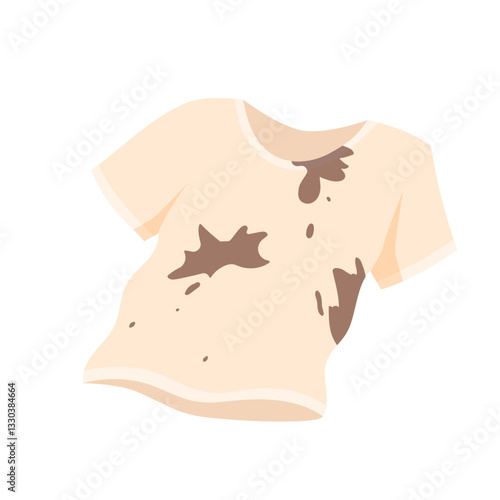 Dirty blue tee shirt of girl or boy, unclean worn men and women smelly clothes with black dirt and mud stain, messy spots on untidy cotton apparel ready for washing machine cartoon