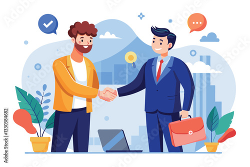 Two men engaging in a handshake, exemplifying teamwork and achievement in a contemporary office environment, Two men are shaking hands on success in their business