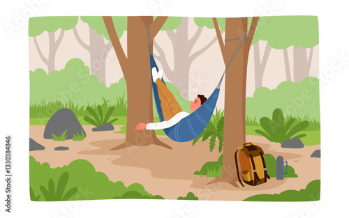 Camping summer leisure and vacation of young man lying in hammock. Tourist resting in hanging fabric blue swing bed after outdoor hiking, forest camp for rest of person cartoon vector illustration