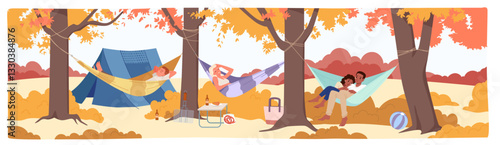 Camping in autumn forest, carefree outdoor rest of people in hammocks. Young couple, man and woman tourists lying in swing beds between trees in camp with tent and table cartoon vector illustration
