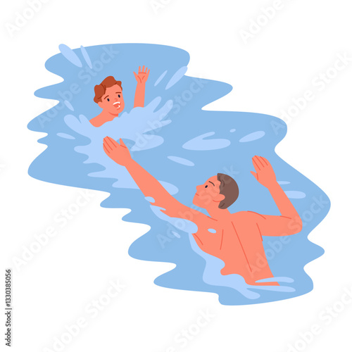 Emergency first aid to drowning kid by professional lifeguard. Young male rescuer swimming to boy screaming in blue sea or ocean water to help, child at risk of drowning cartoon vector illustration