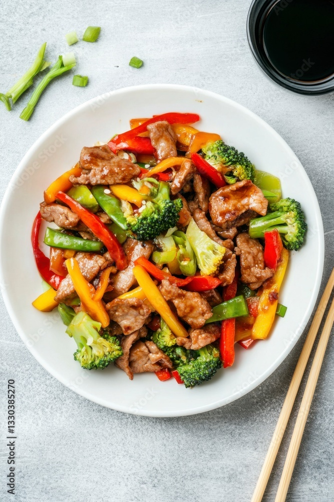 A plate of Chinese-style pork and vegetables with sauce, colorful peppers, green beans, on a white background A plate of Chinese-style pork and vegetables with sauce, colorful peppers, green beans, on a white background
