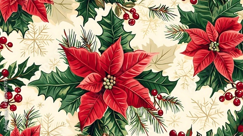 Christmas floral pattern with poinsettias, holly, and snowflakes

