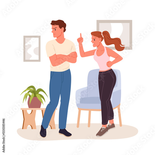 Family quarrel and misunderstanding, disagreement with argument, crisis and aggressive conflict of two young man and woman. Angry wife yelling at frustrated husband cartoon vector illustration