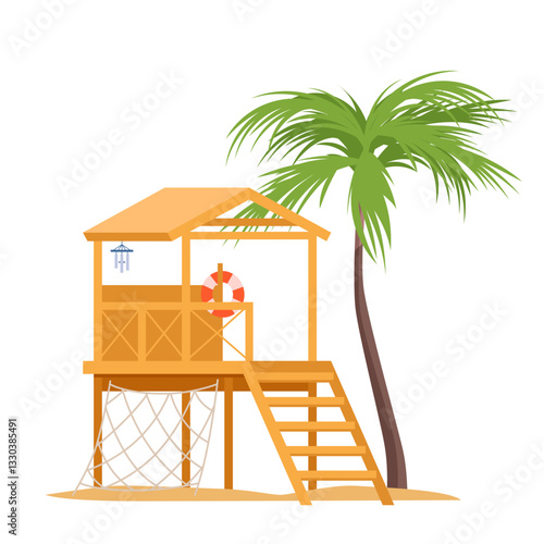 Lifeguards brown wooden tower with red flag on pole. Summer beach house with ladder and big glass window for monitoring people swimming, survival rescue team structure cartoon